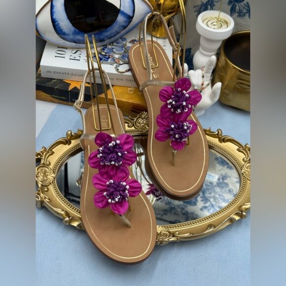 🆕 CHICO'S 🧿 NWOB Sunset Flower Sandal, Pink Hand Beaded Flower Detail - Sz 9US - Picture 7 of 12